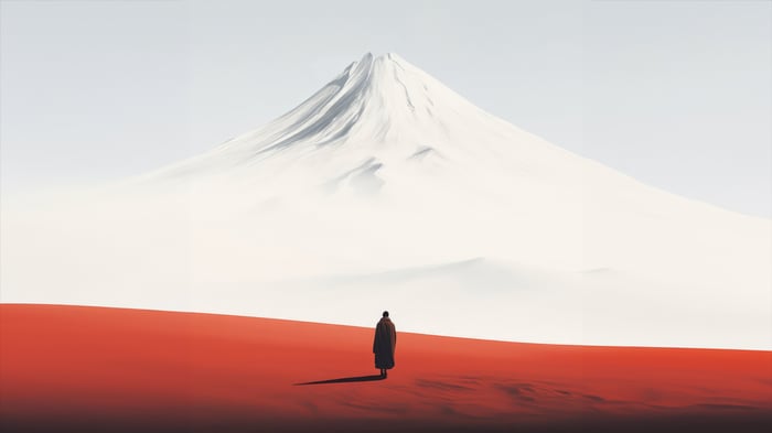 Person walking towards a snow-capped mountain
