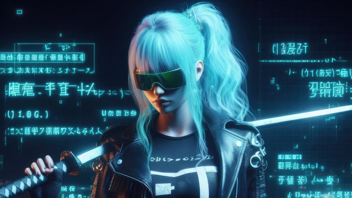 Girl with blue hair and katana in front of digital screen