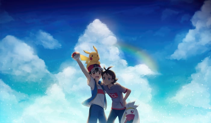 Ash Ketchum, Goh, Pikachu, and Raboot under a rainbow