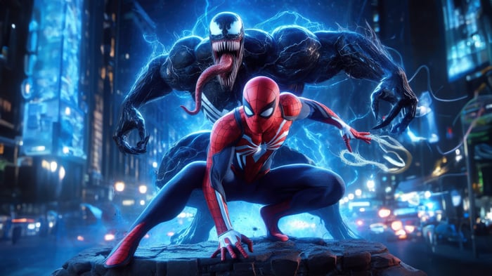 Spider-Man and Venom in a city at night