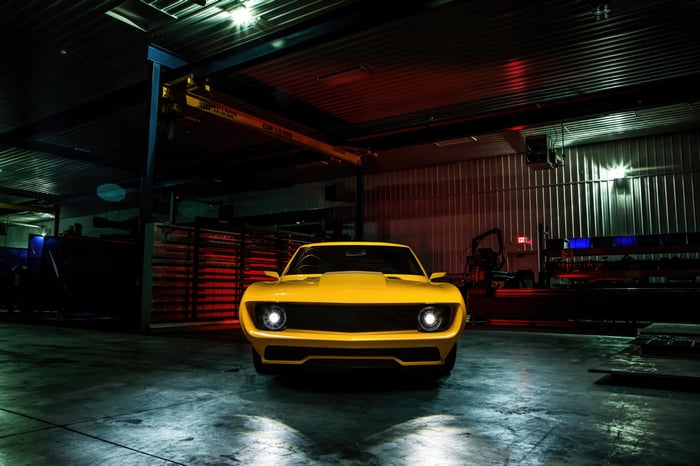 Yellow Chevrolet Camaro Inferno in a Garage