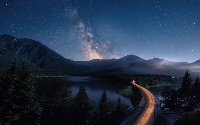 Road to the Milky Way over mountains and lake