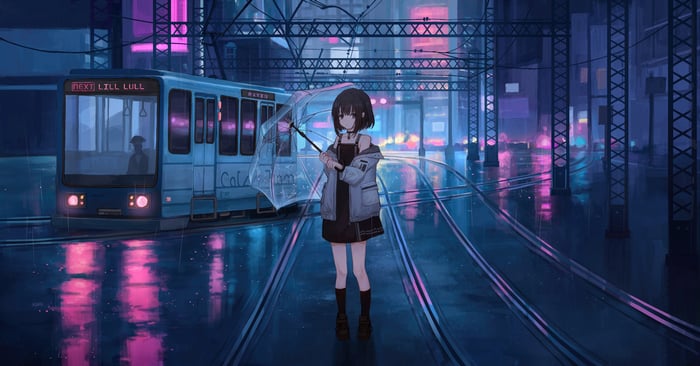 Anime girl with umbrella under neon lights and tram
