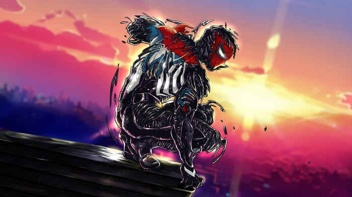 Miles Morales Venom Spider-Man Crouching on Rooftop