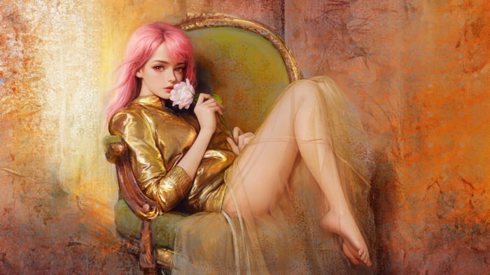 Girl with pink hair holding a rose on a chair