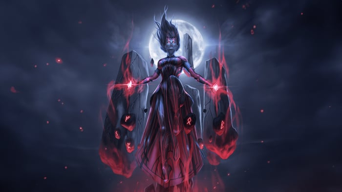 Scarlet Witch surrounded by runes and moonlight