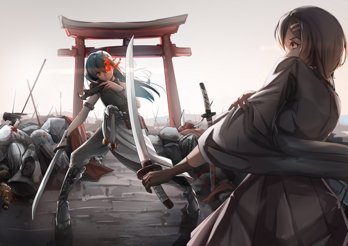 Two anime girls with swords in a battlefield