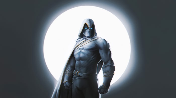 Moon Knight in front of a large moon