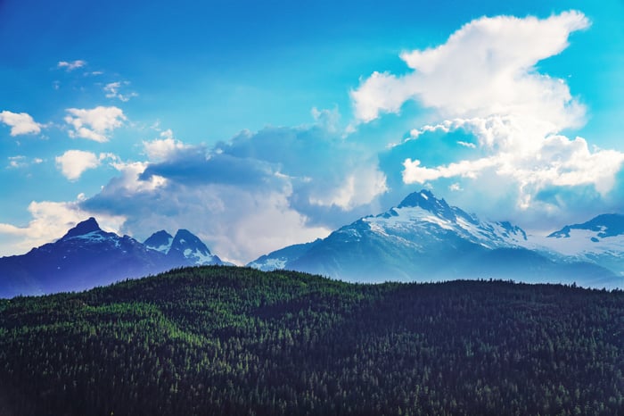Blue Clouds Over Snow-Capped Mountains and Forest