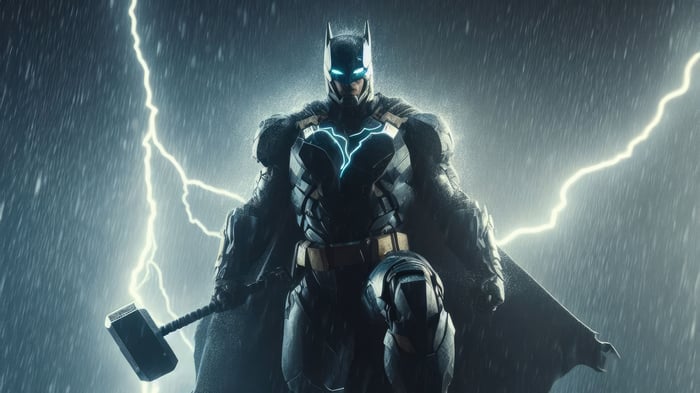 Batman holding Mjolnir in a thunderstorm