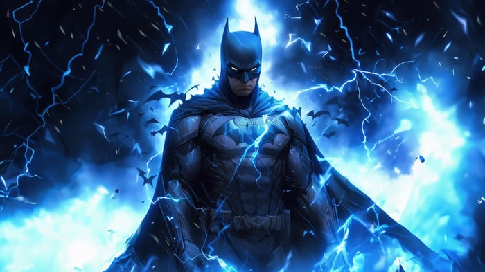 Batman surrounded by lightning and bats