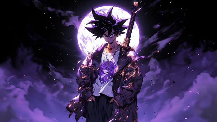 Goku with a sword in front of a large moon
