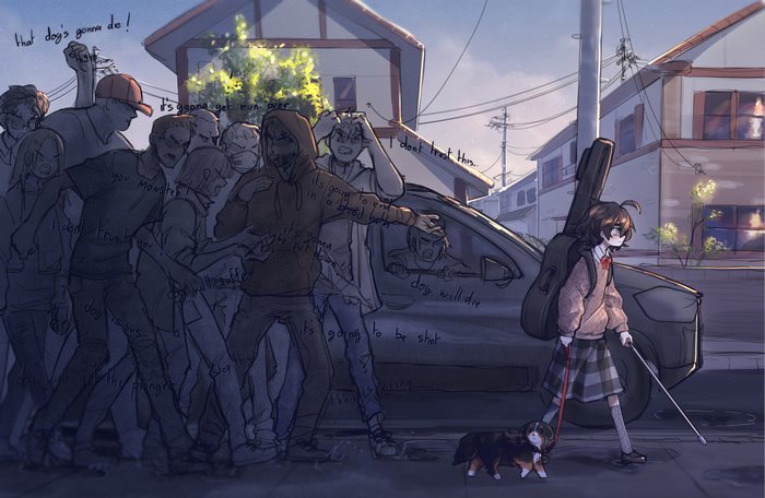 Girl with dog and guitar case faces angry mob