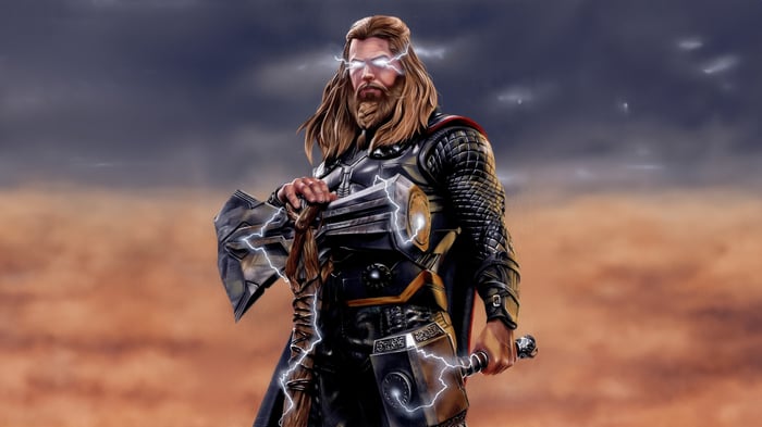 Thor with Mjolnir and lightning