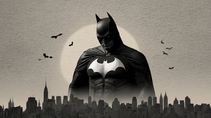 Batman stands over Gotham City with bats flying