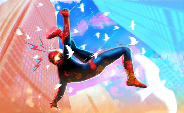 Spider-Man swinging through a city with birds