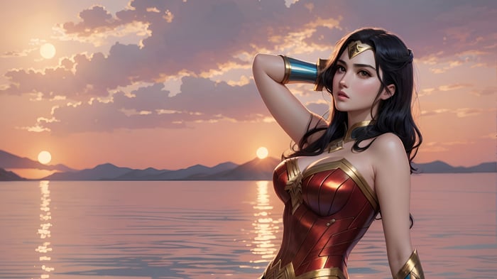 Wonder Woman by the Seaside at Sunset