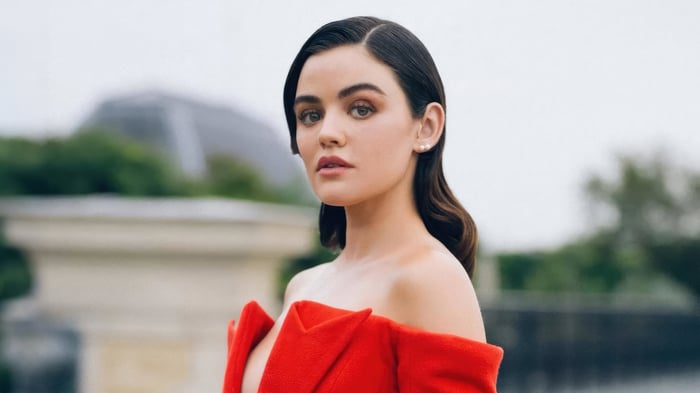 Lucy Hale in a red dress