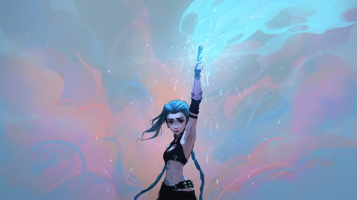 Jinx with Blue Energy in a Colorful Sky