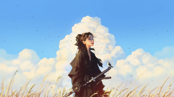 Woman with sword and bird in a field