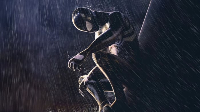 Symbiote Spider-Man sitting in the rain