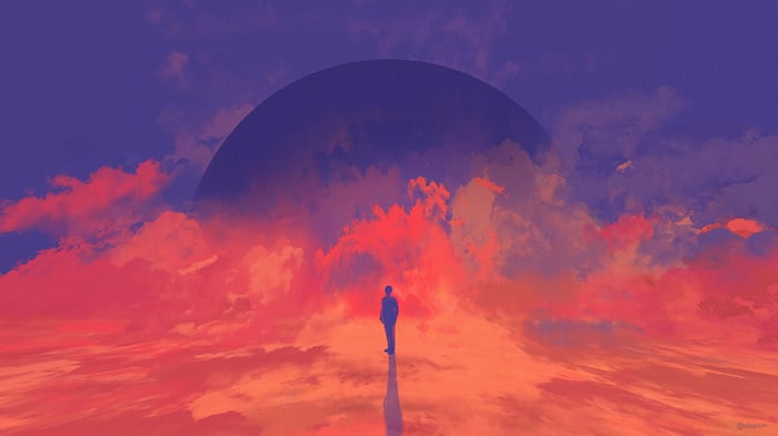 Sci-fi planet rise with a lone figure
