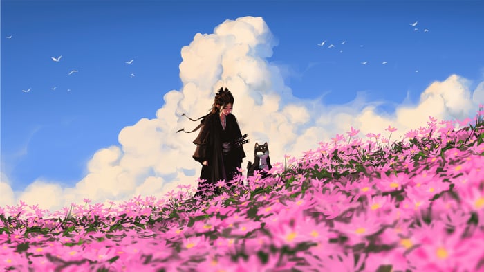 Anime girl and dog in a field of pink flowers