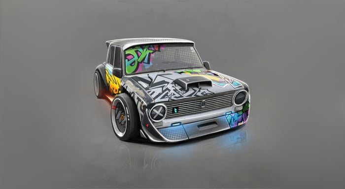 Graffiti-covered modified car with racing modifications