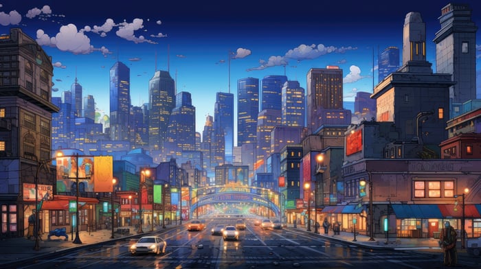 Pixel Cityscape at Night with Cars and Buildings