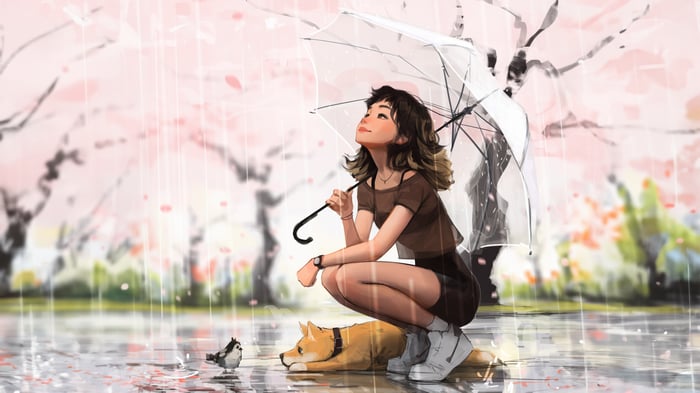 Girl with umbrella and dog in the rain