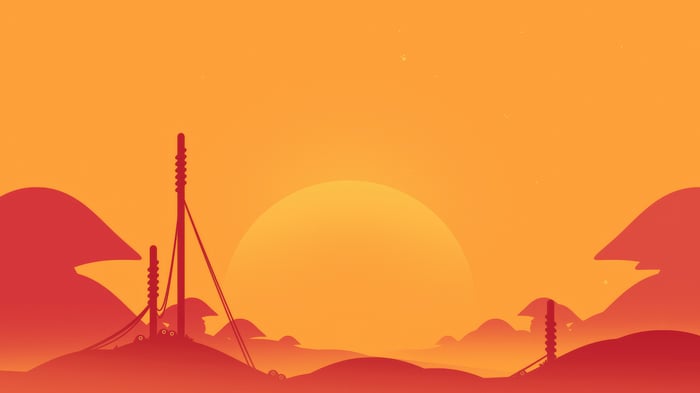 Minimalist landscape with towers and sunset