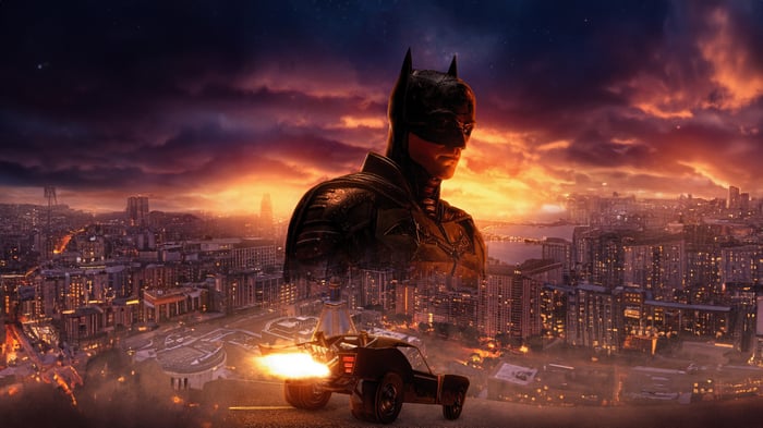 The Batman and Batmobile in Gotham City