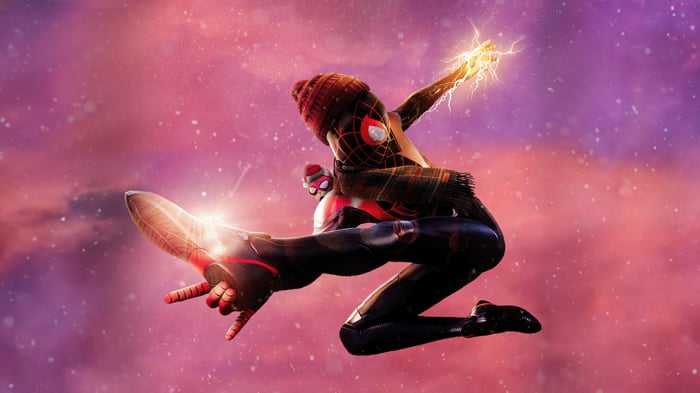 Miles Morales in a winter outfit with lightning