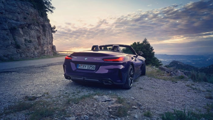 Purple BMW Z4 Convertible at Sunset