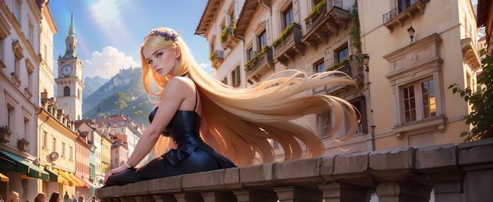 Blonde Girl Posing in an Old Town Street