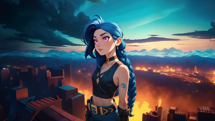 Jinx from Arcane overlooking a burning city