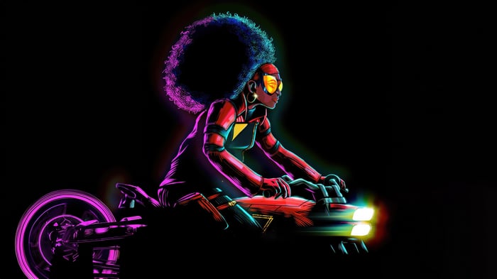 Jessica Drew Spider-Woman riding a futuristic motorcycle