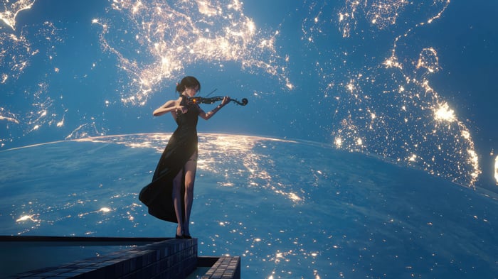 Girl playing violin on Earth from space