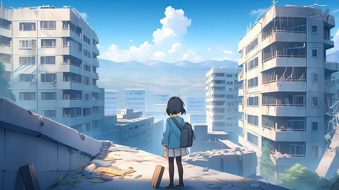 Anime girl in a destroyed city