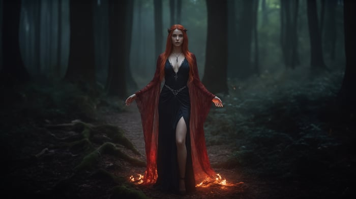 Fantasy girl with red hair and horns in a forest