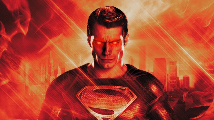 Superman with glowing red eyes and city background