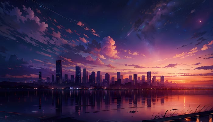 Cityscape with colorful sunset over water
