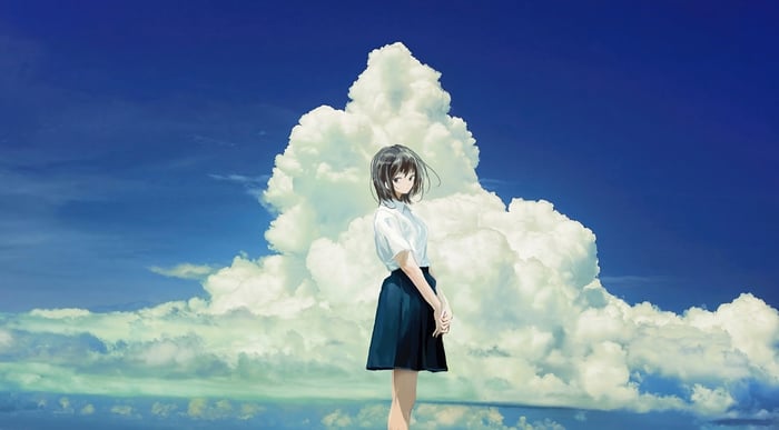 Anime girl standing in front of large clouds
