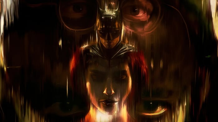 Batman and Harley Quinn in a dark, abstract style