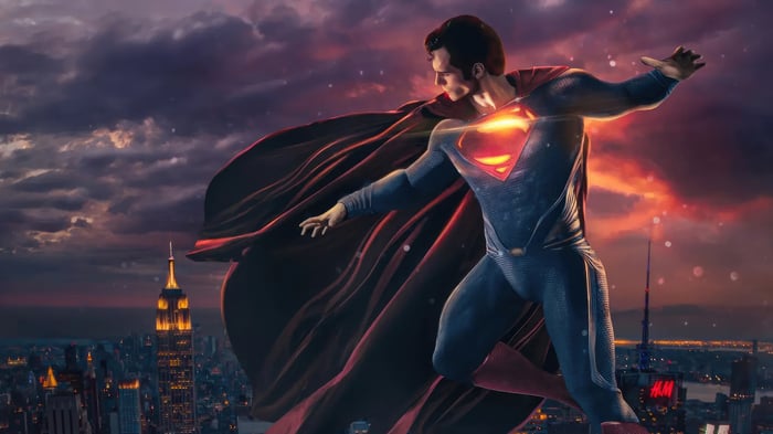 Superman flying over New York City at sunset