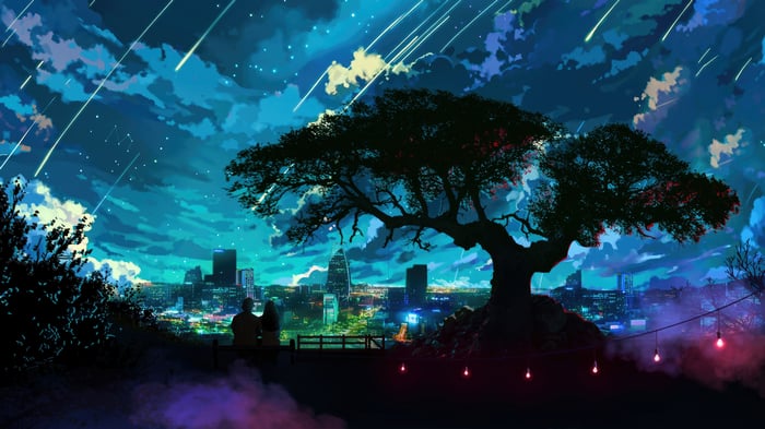 Couple watching shooting stars over a city at night