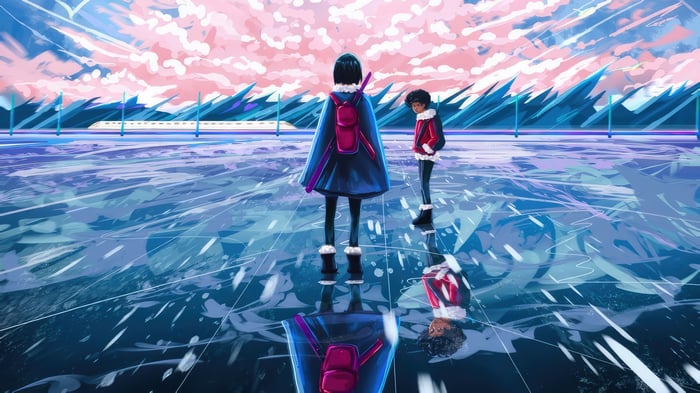 Two figures stand on a frozen lake with a train in the background.