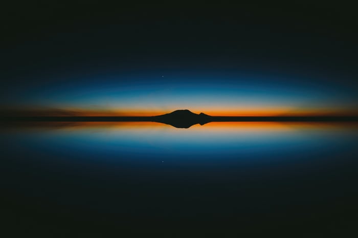 Minimalist sunset over a calm body of water with island silhouette