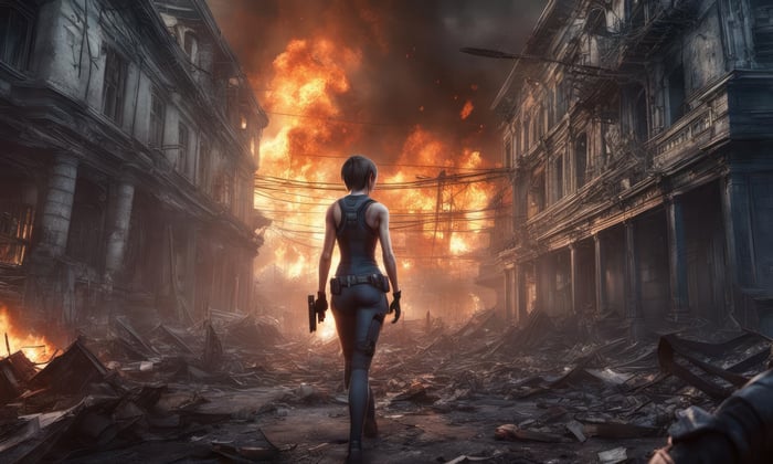 Jill Valentine in a burning city