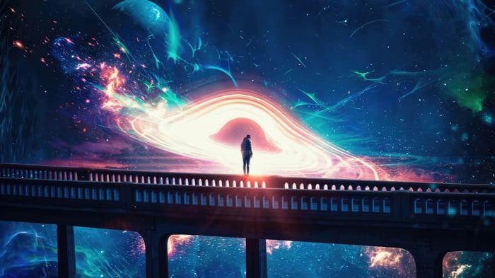 Person on bridge looking at a cosmic portal